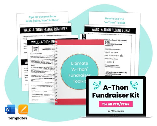 spiral bound strategy guide and forms and templates all atop blue asymmetrical shape with word and pages icons in lower left corner and a laptop with resource name on the screen in the lower right corner