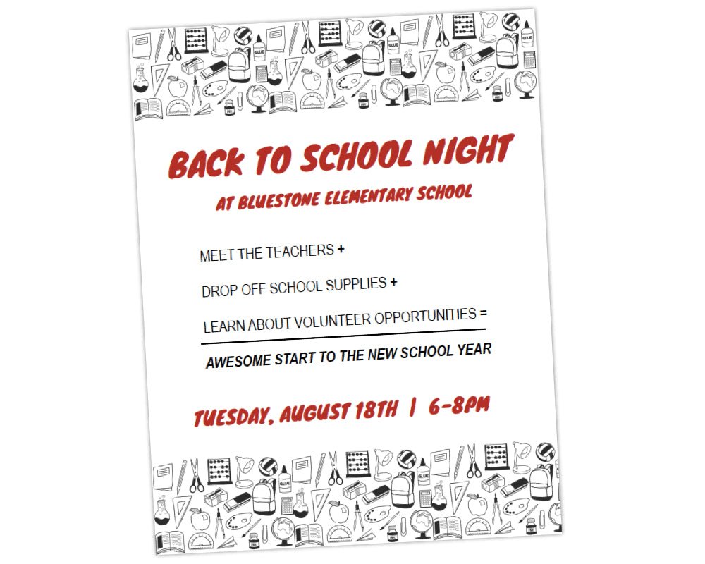 black and white school icon boxers at top and bottom. with reg and black text on white background for meet the teacher back to school night flyer invitation to boost family engagement and parent involvement by pto answers
