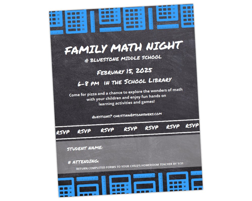 chalkboard background with blue ruler and calculator icon border at top and bottom flyer template for pta pto sponsored family fun math night