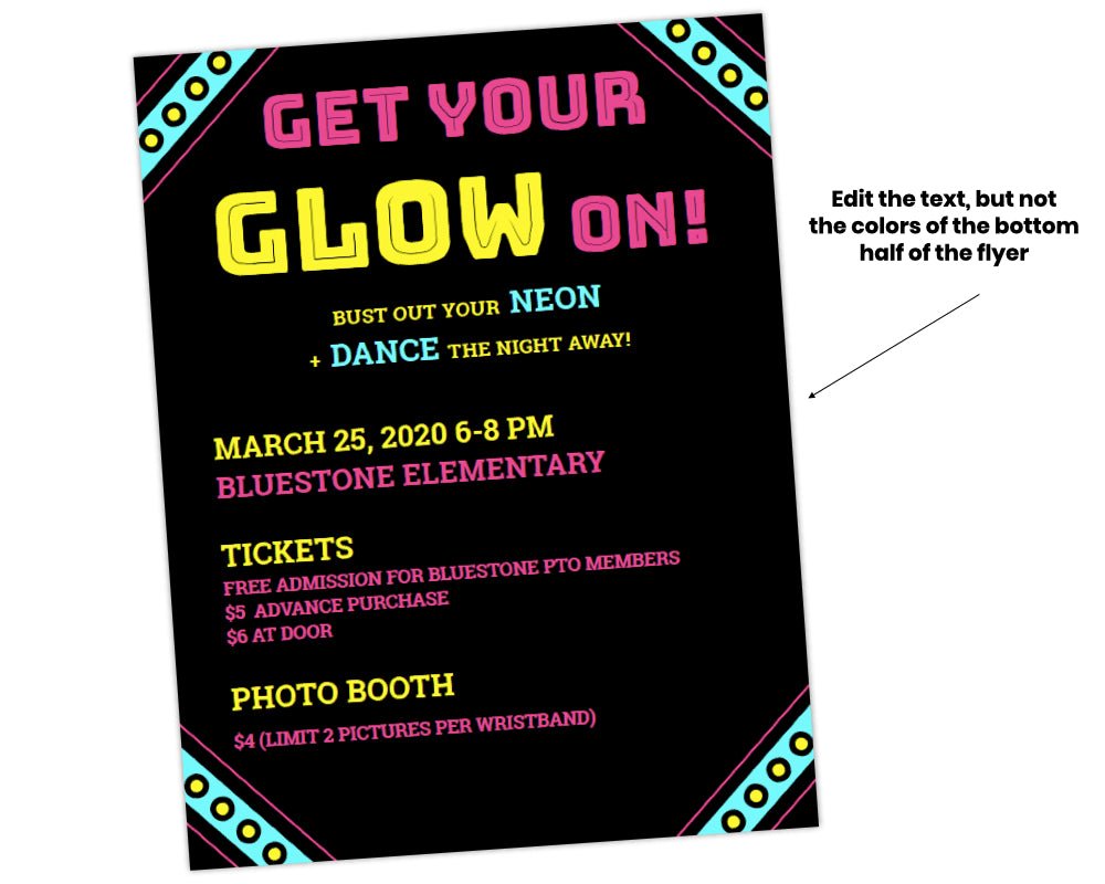 neon blue, pink and yellow color scheme flyer with circles and striped decorations in corners flyer template for neon glow in the dark school dance for students by pto answers