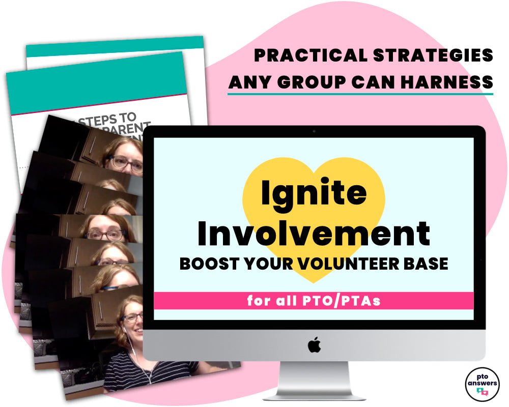 desktop computer featuring name of product with screenshots of videos and workbooks all atop pink asymmetrical shape