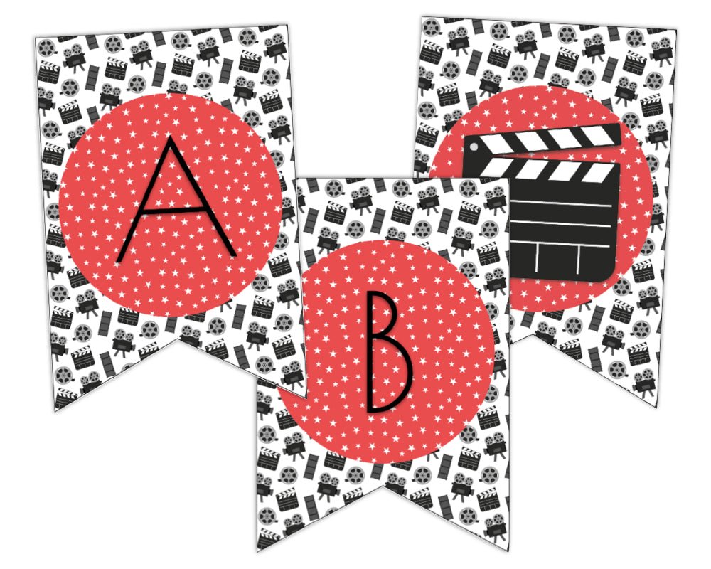 printable movie and film banner sign for movie themes staff appreciation and teacher appreciation week event and luncheon with black and white movie icon background and red pattern accent