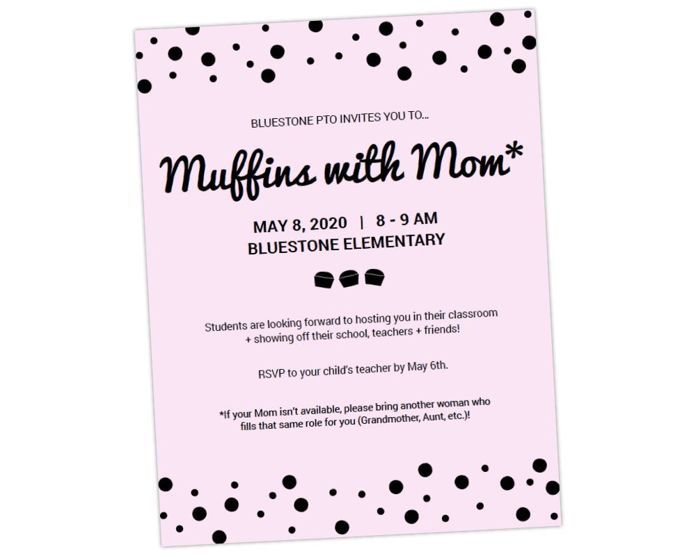 gender inclusive muffins with moms muffin morning editable and customizable flier template with pink background to boost family engagement by pto answers