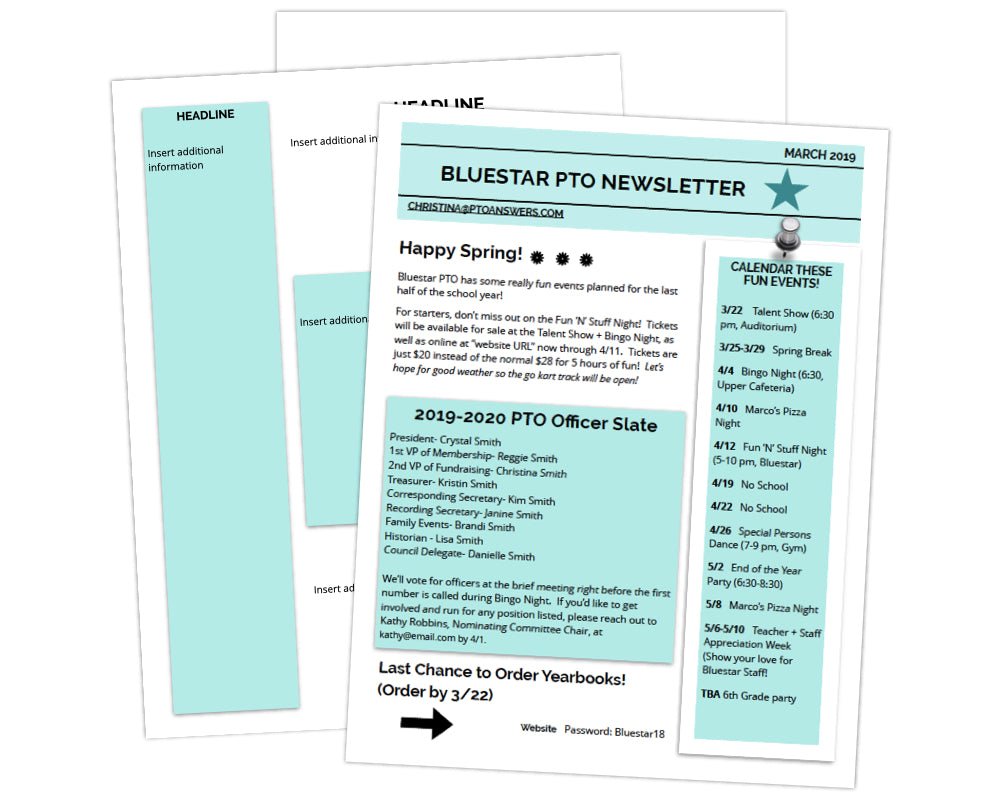 blue, white and black newsletter template with arrow and star icons