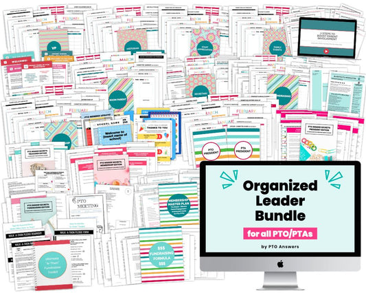 A collection of various printable forms and planners for PTO/PTA organization, displayed electronically on a computer monitor, with colorful graphics and text.
