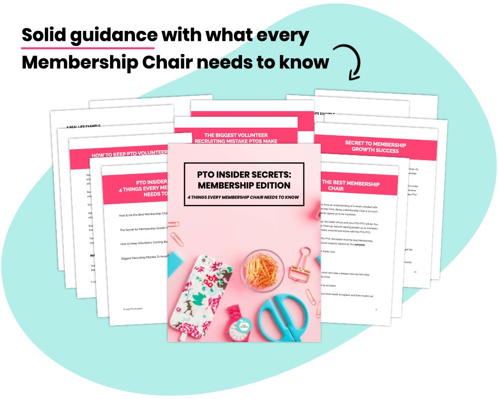 'pto insider guide: membership edition- solid guidance with what every membership chair needs to know- by pto answers - colorful documents atop blue blob shape