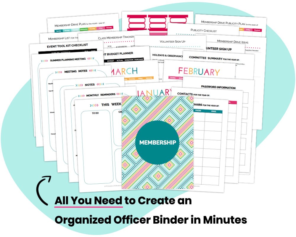 'all you need to create an organized officer binder in minutes' colorful printable binder kit and form templates to grow member and volunteer base of school parent group by pto answers