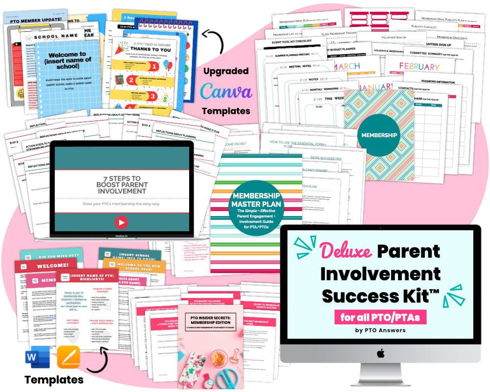 'deluxe parent involvement success kit for all pto ptas by pto answers' printable planner and form templates and parent engagement guide- colorful documents and imac computer displaying resource name atop pink blob shape