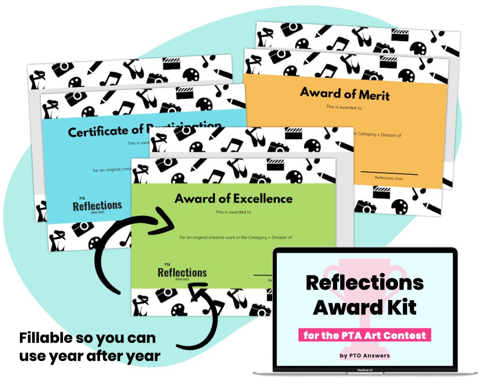 colorful award certificates with black arts icons along top and bottom border all atop blue shape with laptop screen displaying resource name and pink trophy icon in lower right hand corner for pta reflections art contest recognition
