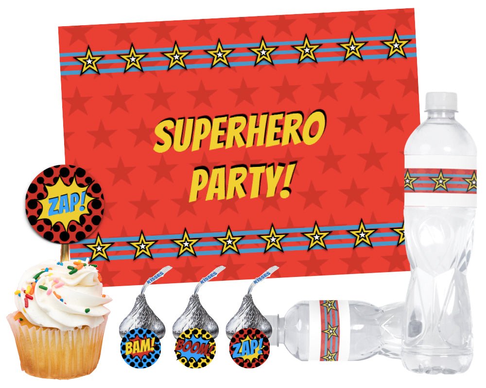 super hero printable part decoration bundle for staff appreciation, teacher appreciation and volunteer appreciation luncheons, parties or events with red, yellow and blue superhero star and stripe color scheme