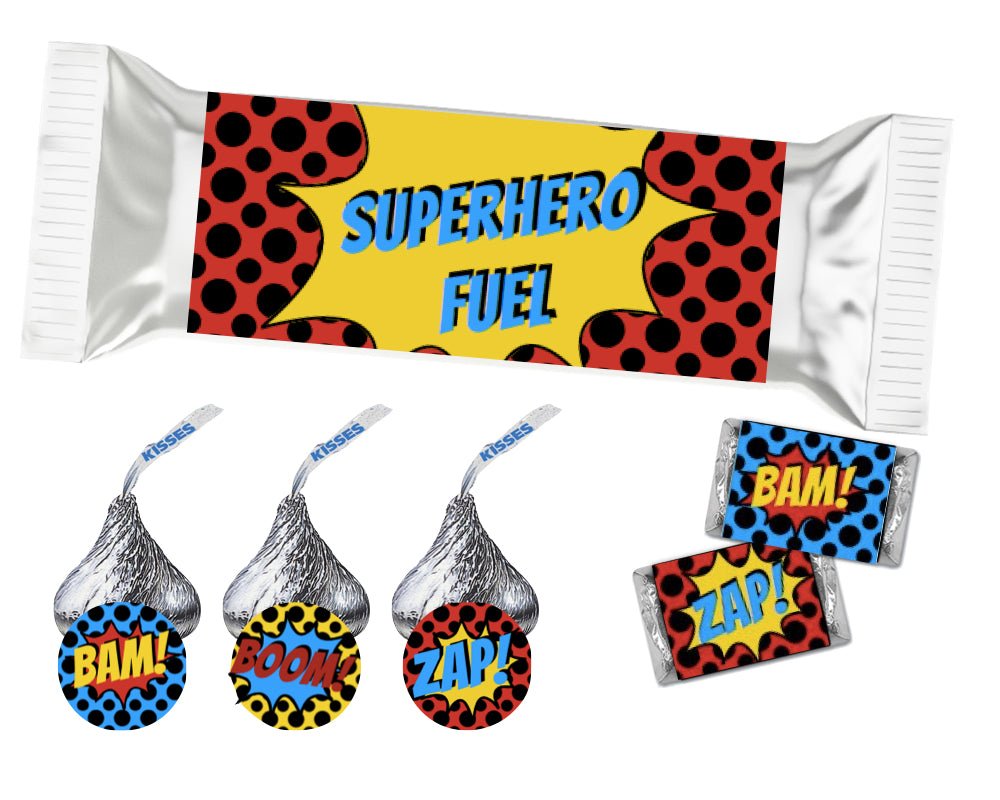printable superhero candy bar wrappers with red, yellow and blue polka dotted backgrounds and coordinating bursts