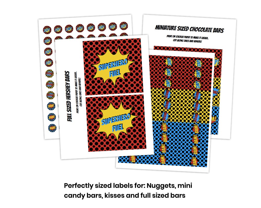 printable superhero candy bar wrappers with red, yellow and blue polka dotted backgrounds and coordinating bursts