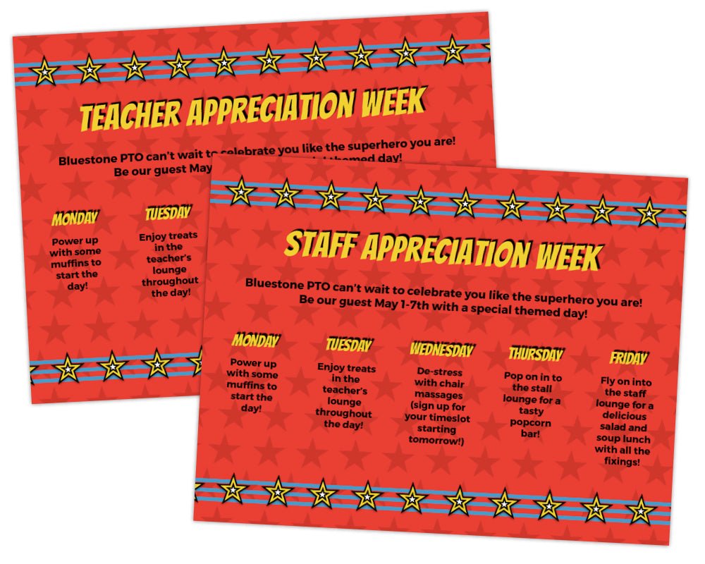 customizable teacher appreciation and staff appreciation week schedule of events template with red star background and yellow star and blue stripes