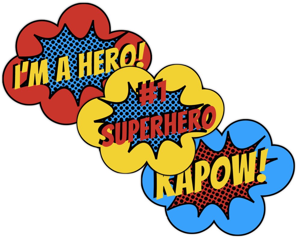 printable super hero photo booth sign set for teacher appreciation and staff appreciation events plus classroom decorations in yellow, blue and red polka dot background and bursts