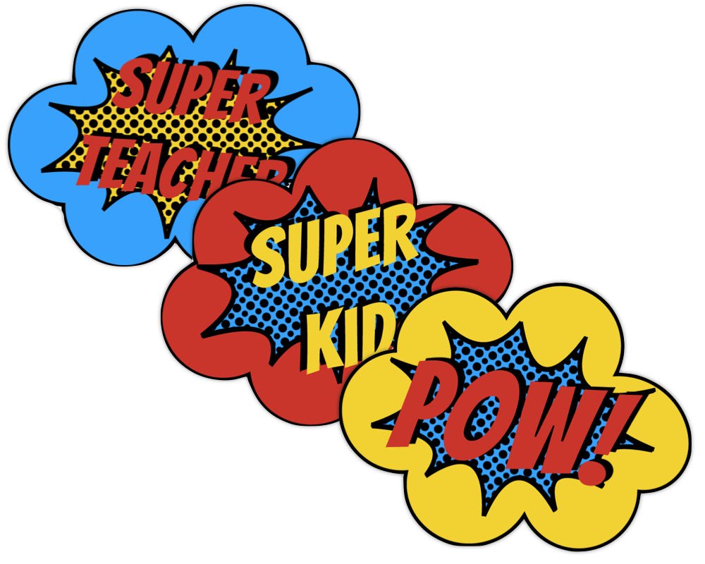 printable super hero photo booth sign set for teacher appreciation and staff appreciation events plus classroom decorations in yellow, blue and red polka dot background and bursts