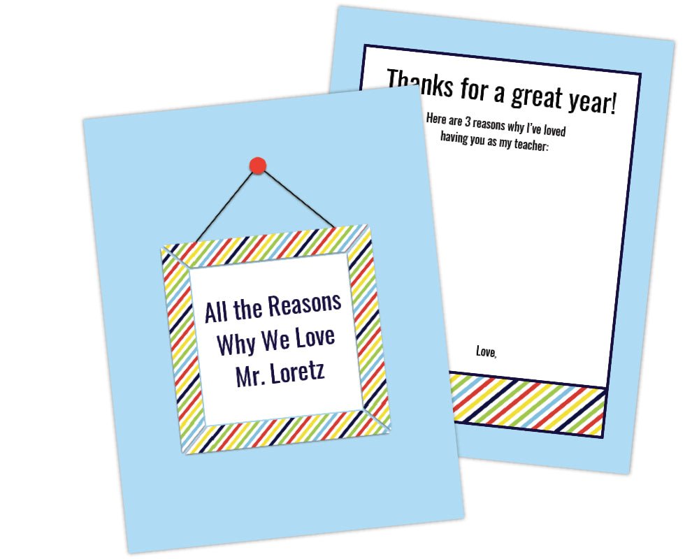 printable class gift idea teacher appreciation letter book with blue background and striped picture frame on cover