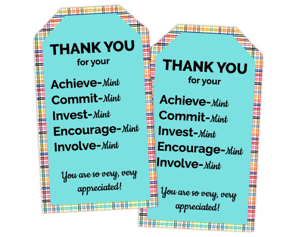 punny mint themed teacher and volunteer appreciation printable thank you tags with rainbow plaid background and aqua center