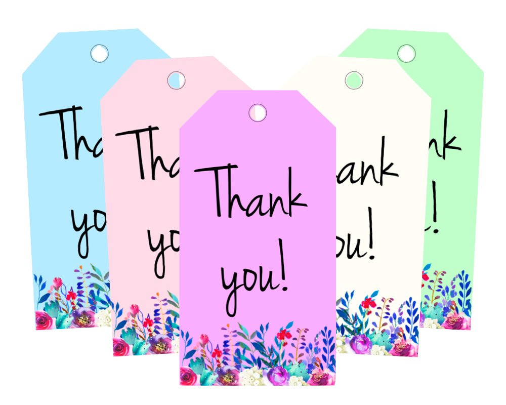 printable thank you gift tag toppers in 5 pastel colors with floral border at bottom of tag