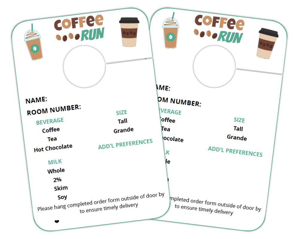coffee run room service order form door hanger with green and brown color scheme