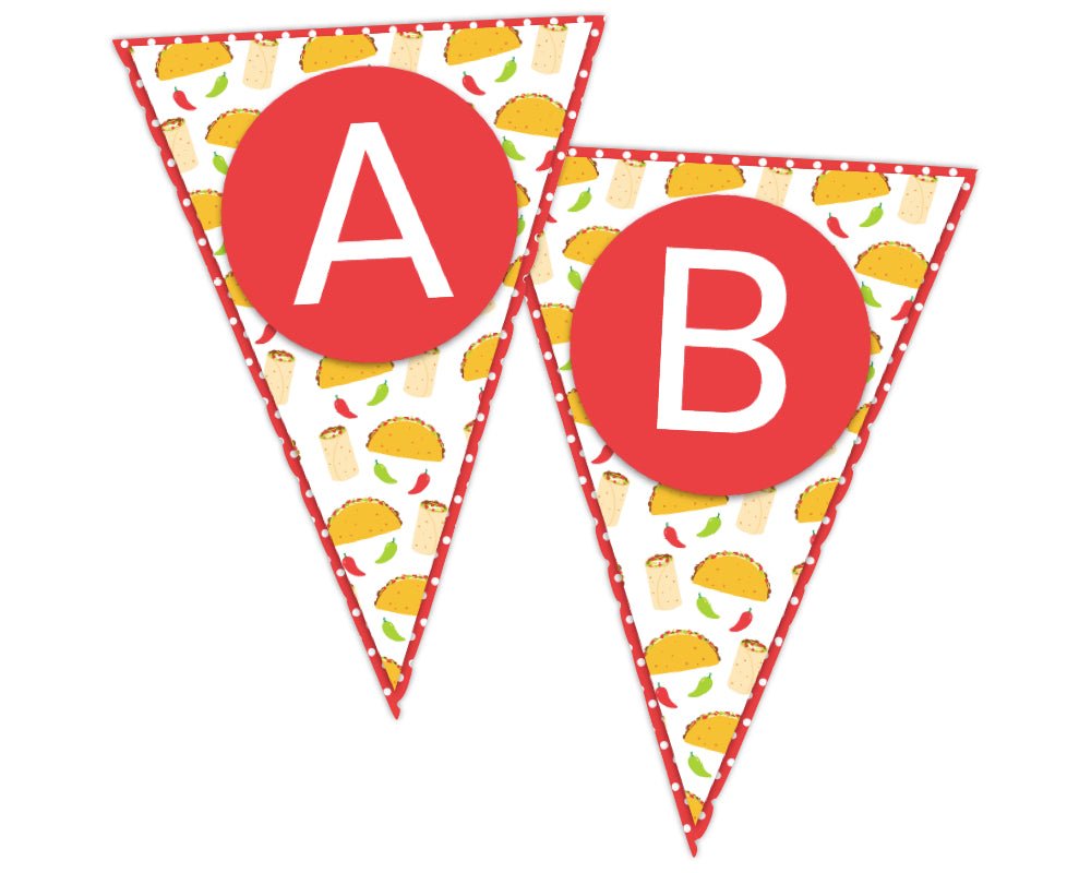 printable taco party pennant banner with taco icons and red background
