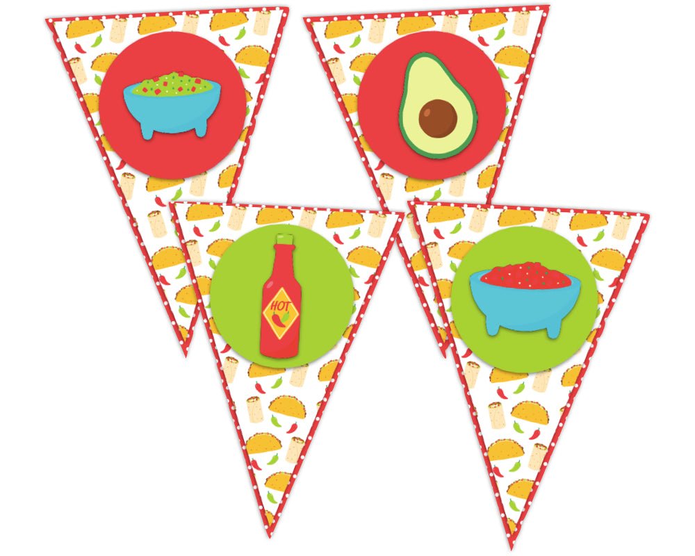 printable taco party pennant banner with taco icons and red background