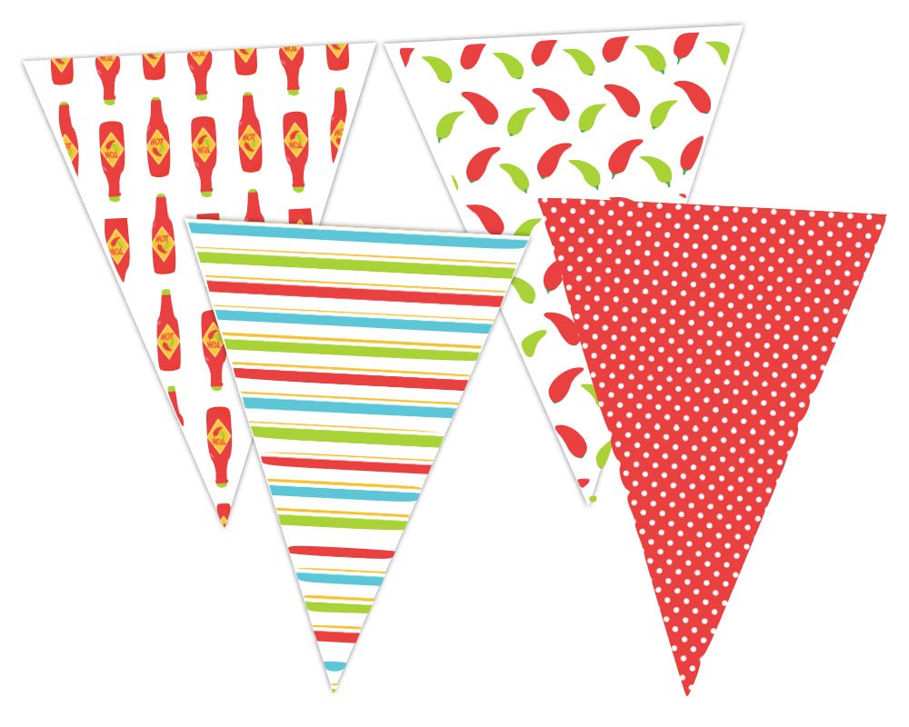 printable taco party pennant banner with taco icons and red background