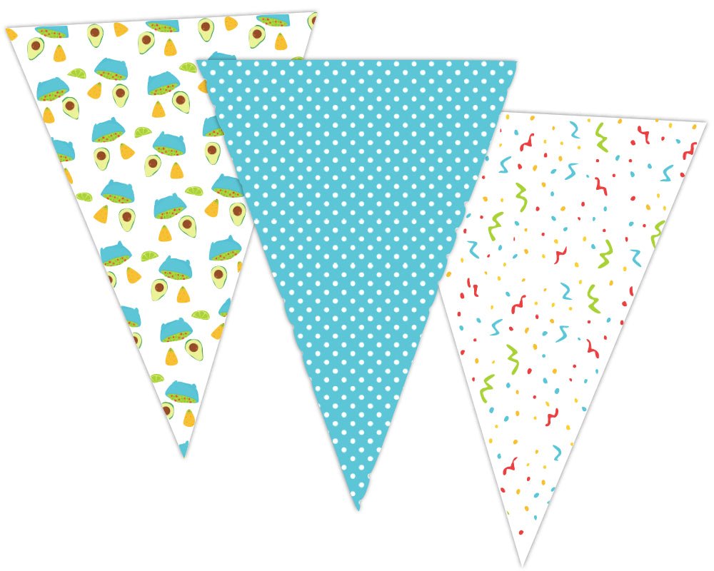 printable taco party pennant banner with taco icons and red background
