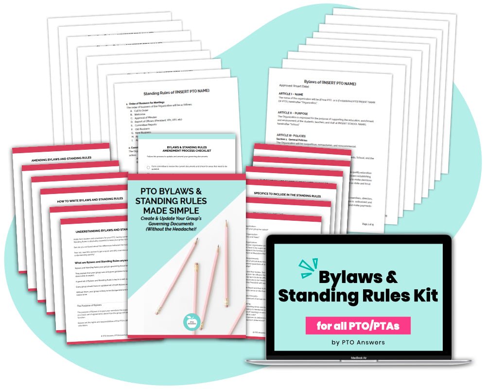 pink teal and white pages of pdf splayed on top of blue blob shape with laptop displaying resource name