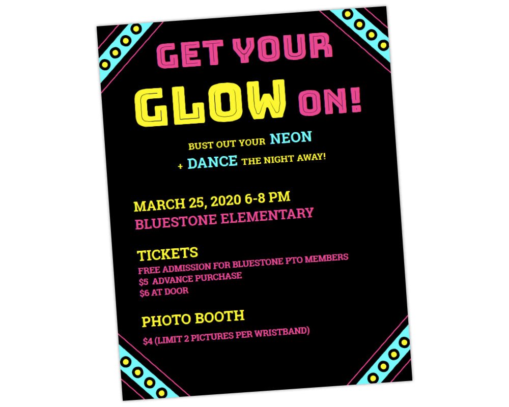 neon blue, pink and yellow color scheme flyer with circles and striped decorations in corners
