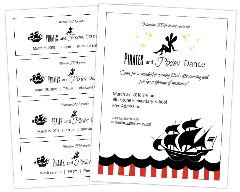 customizable school dance with pirates and pixi pirate flier theme for pto family fun event with dance ticket template black pirate ship and wave silhouette