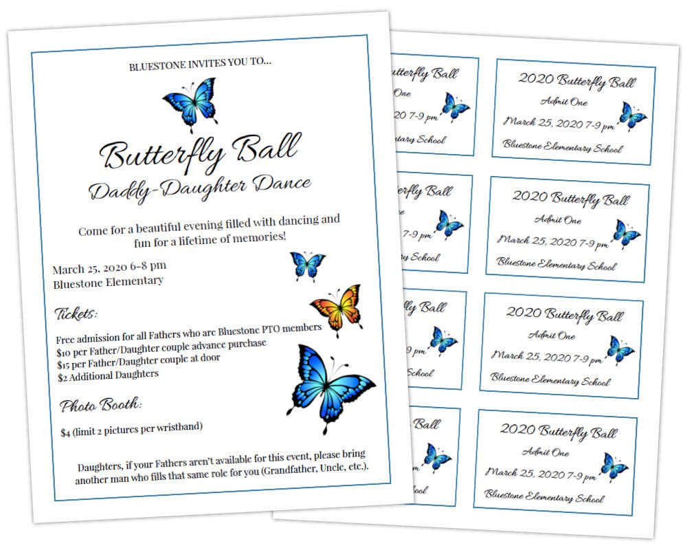 blue and orange butterfly icons on black and white flyer template