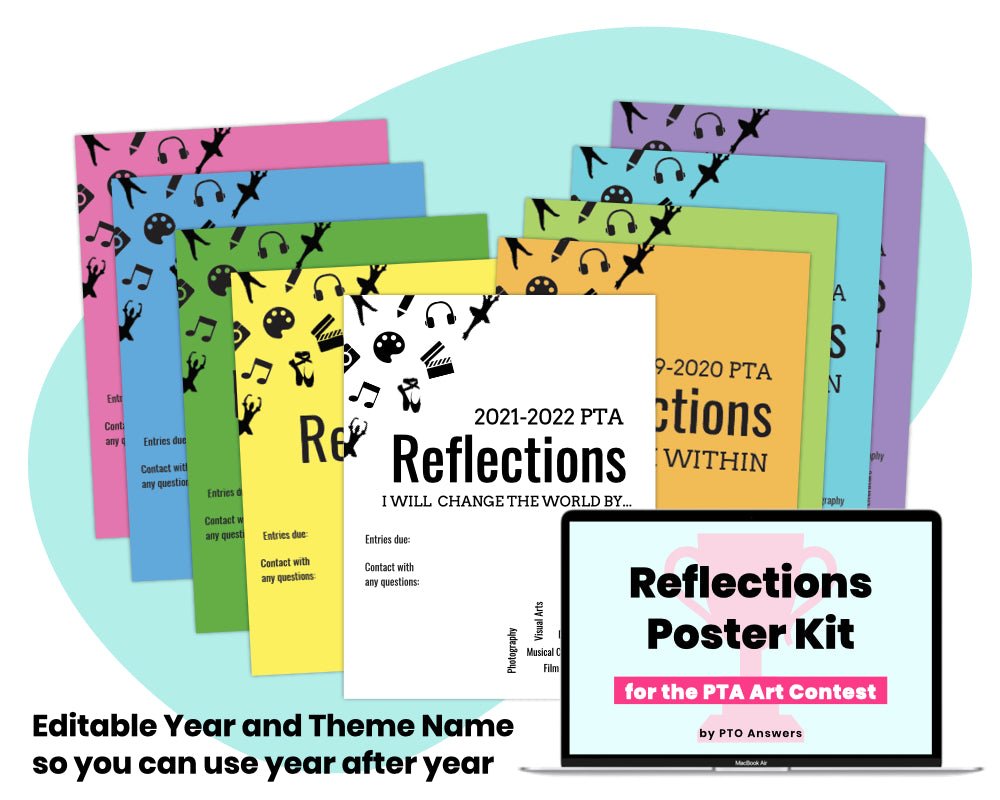 colorful posters with art icon decorations on top of blue shape with laptop displaying resource name with pink trophy icon in lower right hand corner