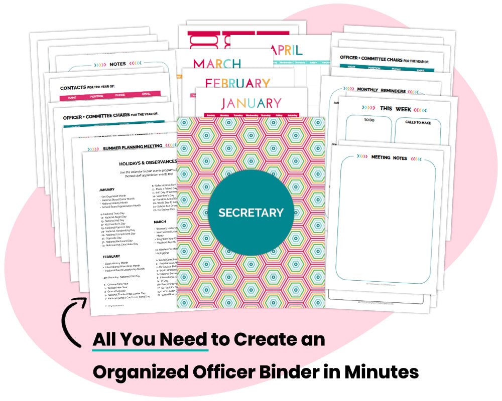 colorful document pages with text underneath on top of pink shape