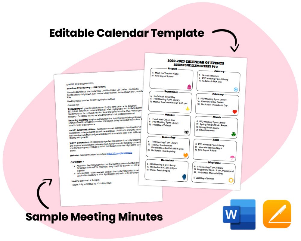 colorful document pages with text underneath on top of pink shape