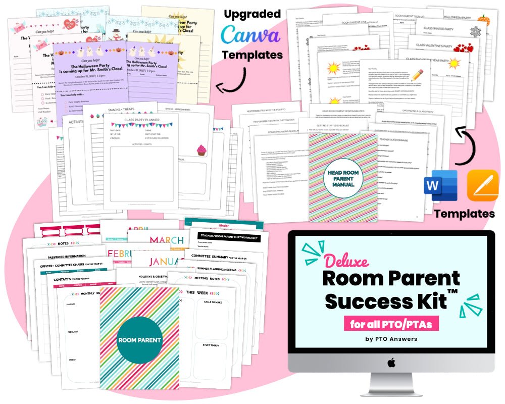 colorful documents and imac displaying resource nameatop pink blob shape