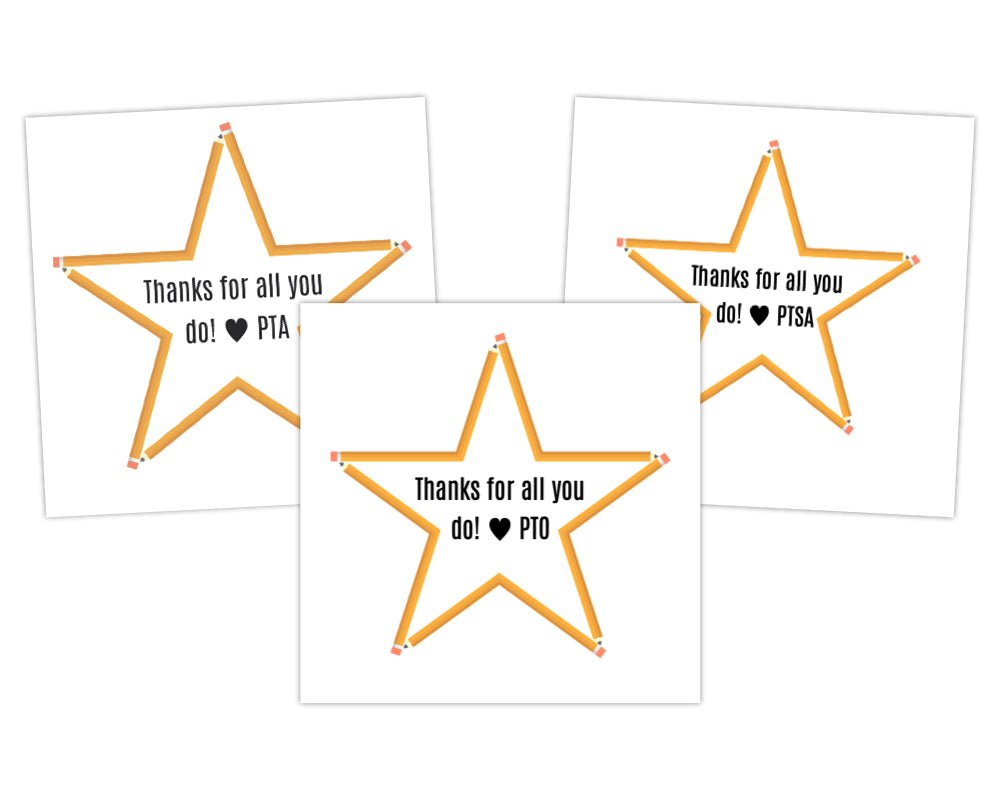 printable teacher appreciation and staff appreciation gift tags saying thanks for all you do from pta pto ptsa with pencil shaped stars for volunteer appreciation week and end of the school year by pto answers