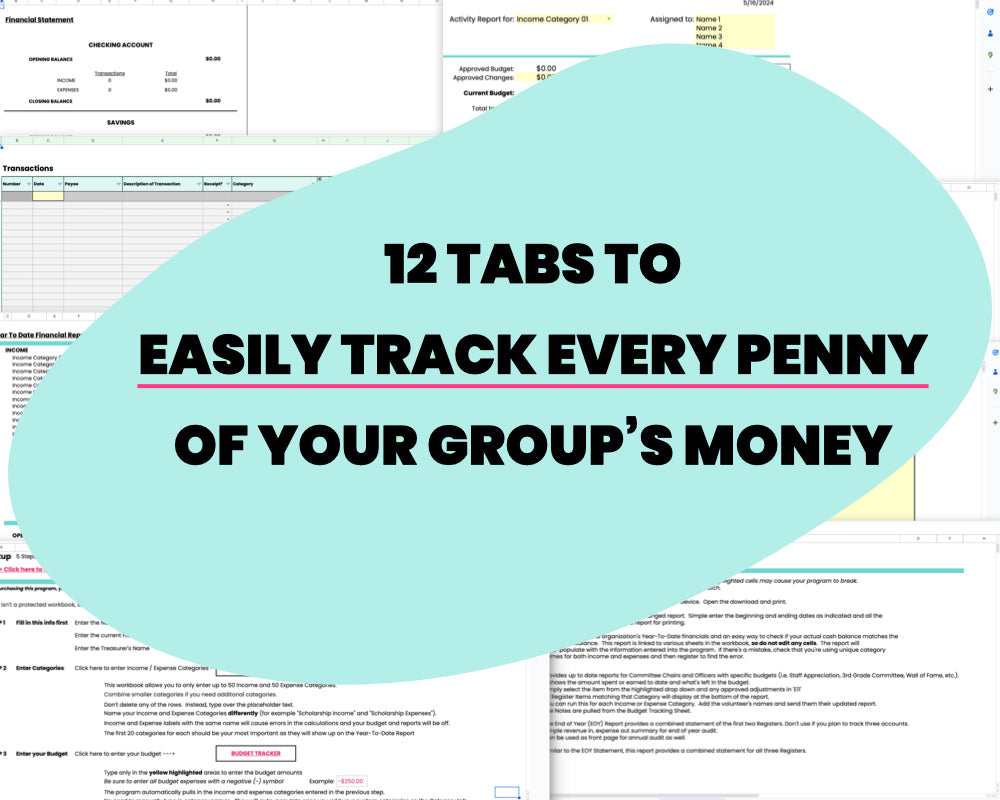 screenshots of finance management program for pto pta with blue shape and text overlay