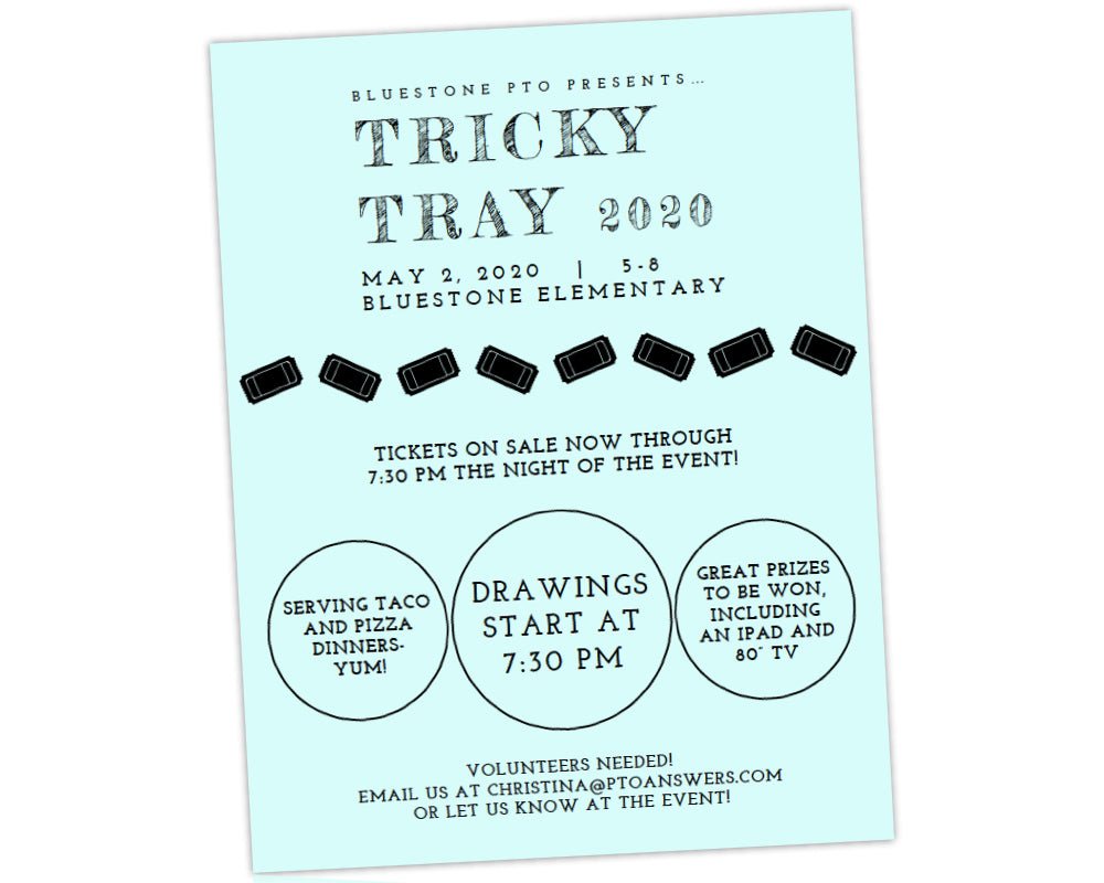 blue flyer background with ticket icons for school auction fundraiser by pto answers