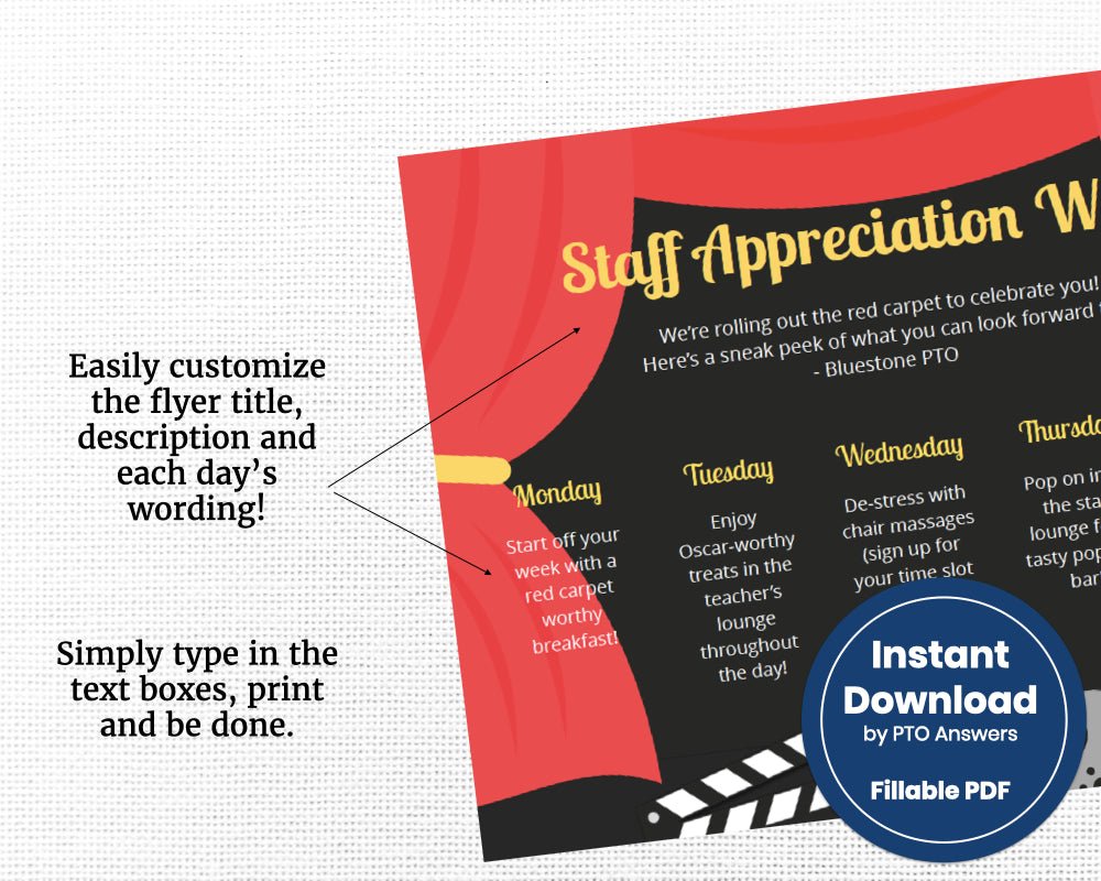 customizable staff appreciation teacher appreciation move themed schedule of events flyer template with red curtain stage and movie icons