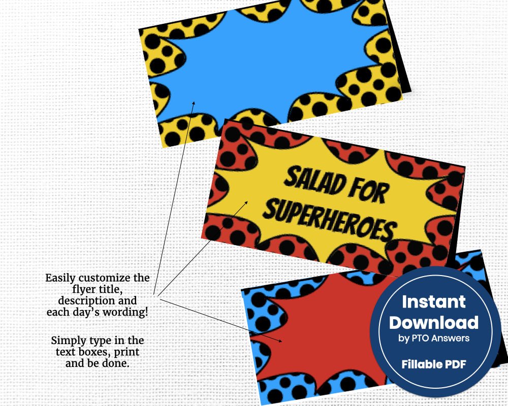 printable and customizable superhero themed food tent labels for super hero themed teacher appreciation, staff appreciation or volunteer appreciation luncheon or event with red, blue and yellow color scheme and polka dotted background