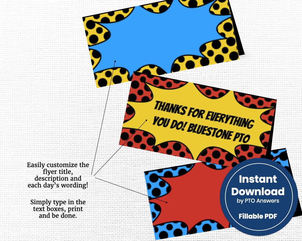 printable and customizable superhero themed gift bag topper labels for super hero themed teacher appreciation, staff appreciation or volunteer appreciation luncheon or event