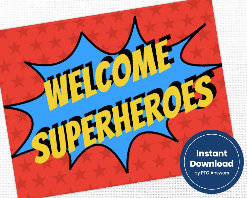 super hero printable part decoration bundle for staff appreciation, teacher appreciation and volunteer appreciation luncheons, parties or events with red, yellow and blue superhero star and stripe color scheme