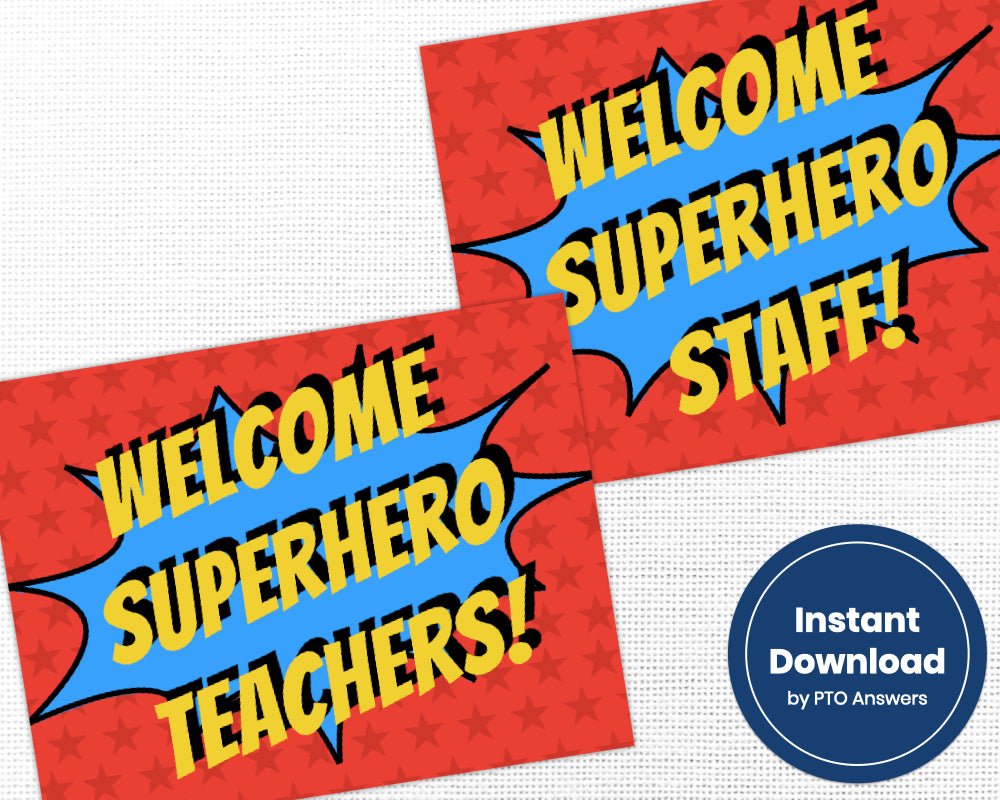 super hero printable part decoration bundle for staff appreciation, teacher appreciation and volunteer appreciation luncheons, parties or events with red, yellow and blue superhero star and stripe color scheme
