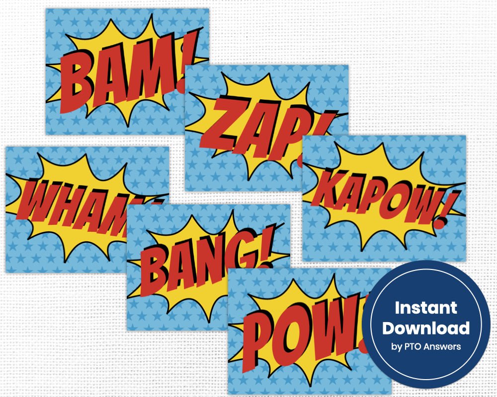 super hero printable part decoration bundle for staff appreciation, teacher appreciation and volunteer appreciation luncheons, parties or events with red, yellow and blue superhero star and stripe color scheme