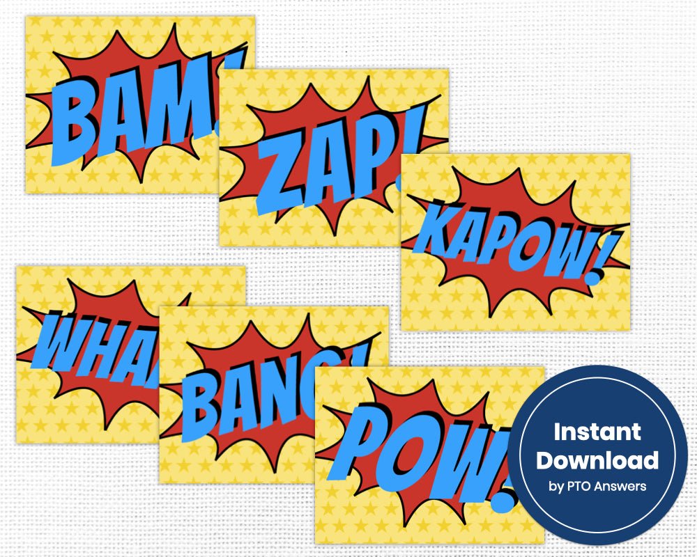 super hero printable part decoration bundle for staff appreciation, teacher appreciation and volunteer appreciation luncheons, parties or events with red, yellow and blue superhero star and stripe color scheme