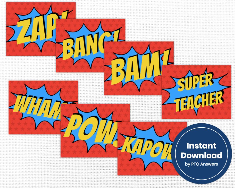super hero printable part decoration bundle for staff appreciation, teacher appreciation and volunteer appreciation luncheons, parties or events with red, yellow and blue superhero star and stripe color scheme