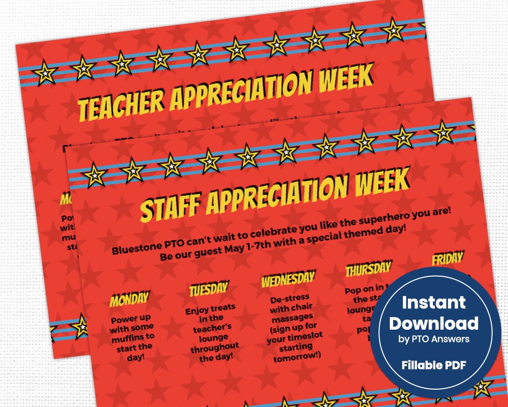 super hero printable part decoration bundle for staff appreciation, teacher appreciation and volunteer appreciation luncheons, parties or events with red, yellow and blue superhero star and stripe color scheme