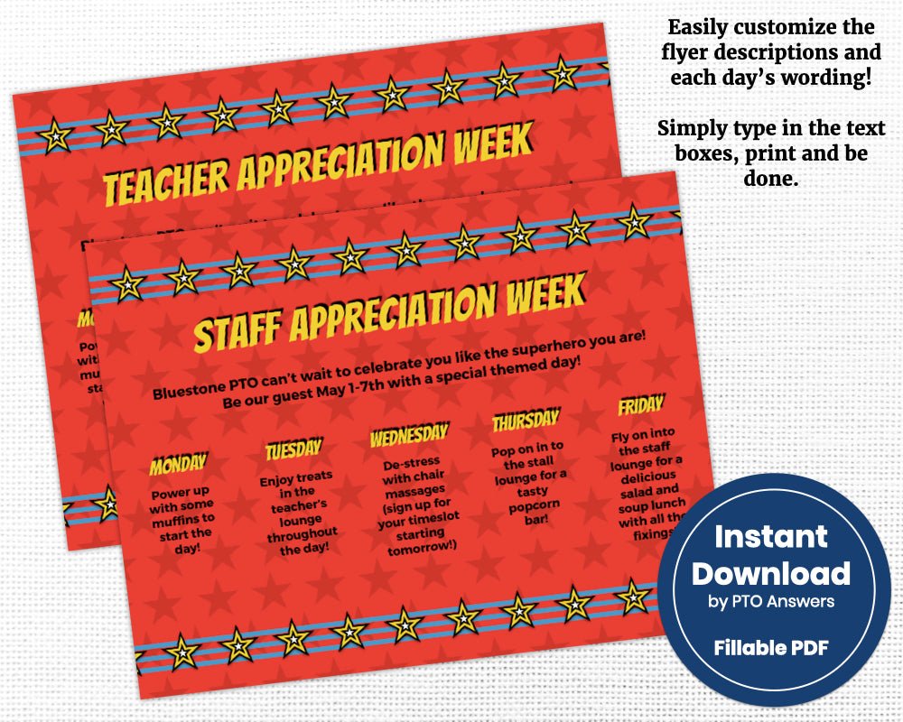 customizable teacher appreciation and staff appreciation week schedule of events template with red star background and yellow star and blue stripes