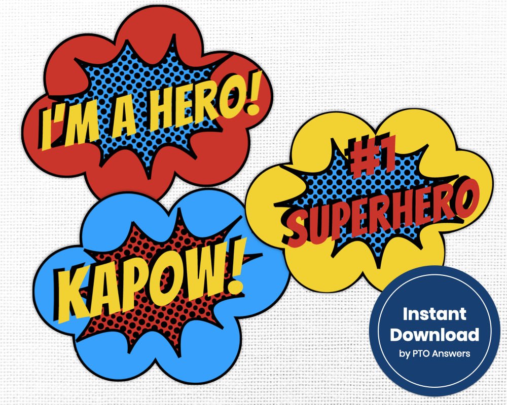 super hero printable part decoration bundle for staff appreciation, teacher appreciation and volunteer appreciation luncheons, parties or events with red, yellow and blue superhero star and stripe color scheme