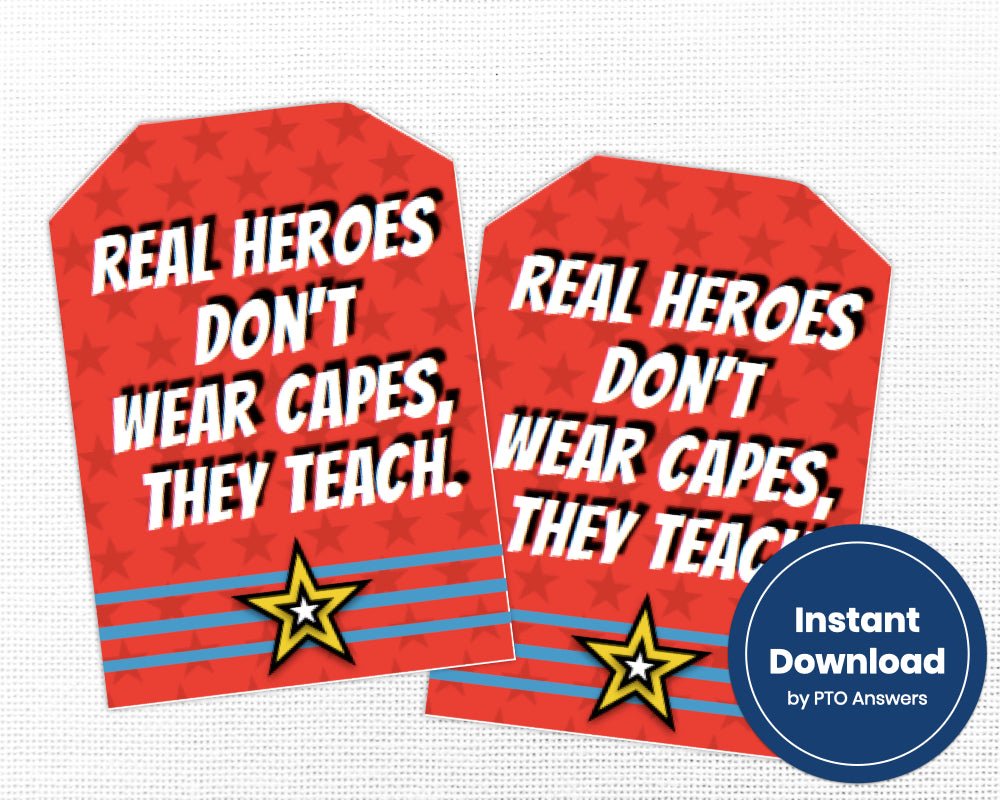 super hero printable part decoration bundle for staff appreciation, teacher appreciation and volunteer appreciation luncheons, parties or events with red, yellow and blue superhero star and stripe color scheme